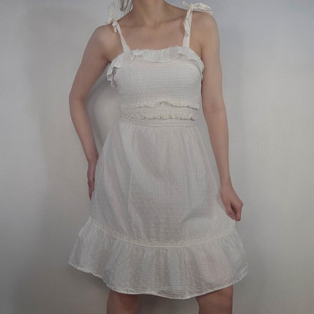White Cotton Smocked Dress Coquette Cottage Ruffle Mini Dress Swiss Dot Medium